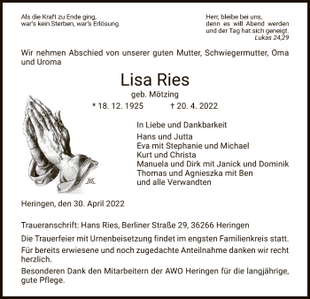 Traueranzeige von Lisa Ries von HZ