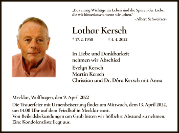 Traueranzeige von Lothar Kersch von HZ