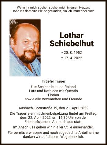 Traueranzeige von Lothar Schiebelhut von HZ