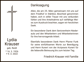 Traueranzeige von Lydia Krauser von HZ