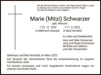 Traueranzeige von Marie Schwarzer von HZ