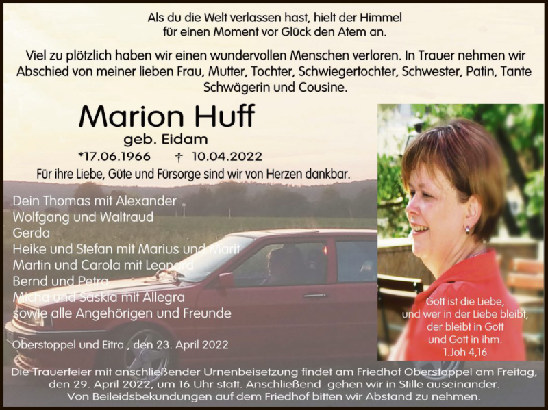  Traueranzeige für Marion Huff vom 23.04.2022 aus HZ