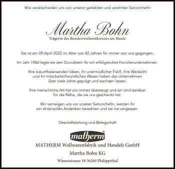 Traueranzeige von Martha Bohn von HZ