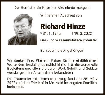 Traueranzeige von Richard Hinze von HZ