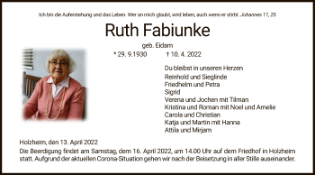 Traueranzeige von Ruth Fabiunke von HZ