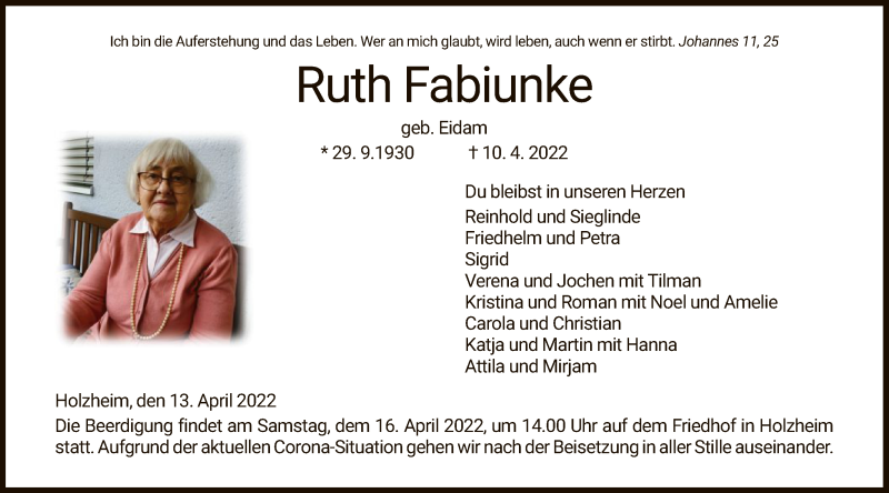  Traueranzeige für Ruth Fabiunke vom 13.04.2022 aus HZ