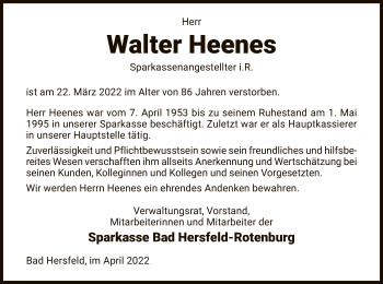 Traueranzeige von Walter Heenes von HZ