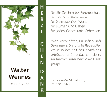 Traueranzeige von Walter Wennes von HZ