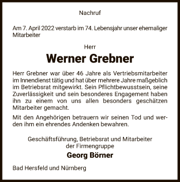 Traueranzeige von Werner Grebner von HZ