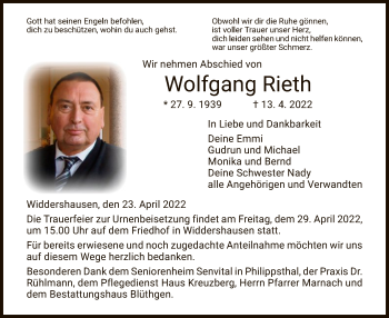 Traueranzeige von Wolfgang Rieth von HZ