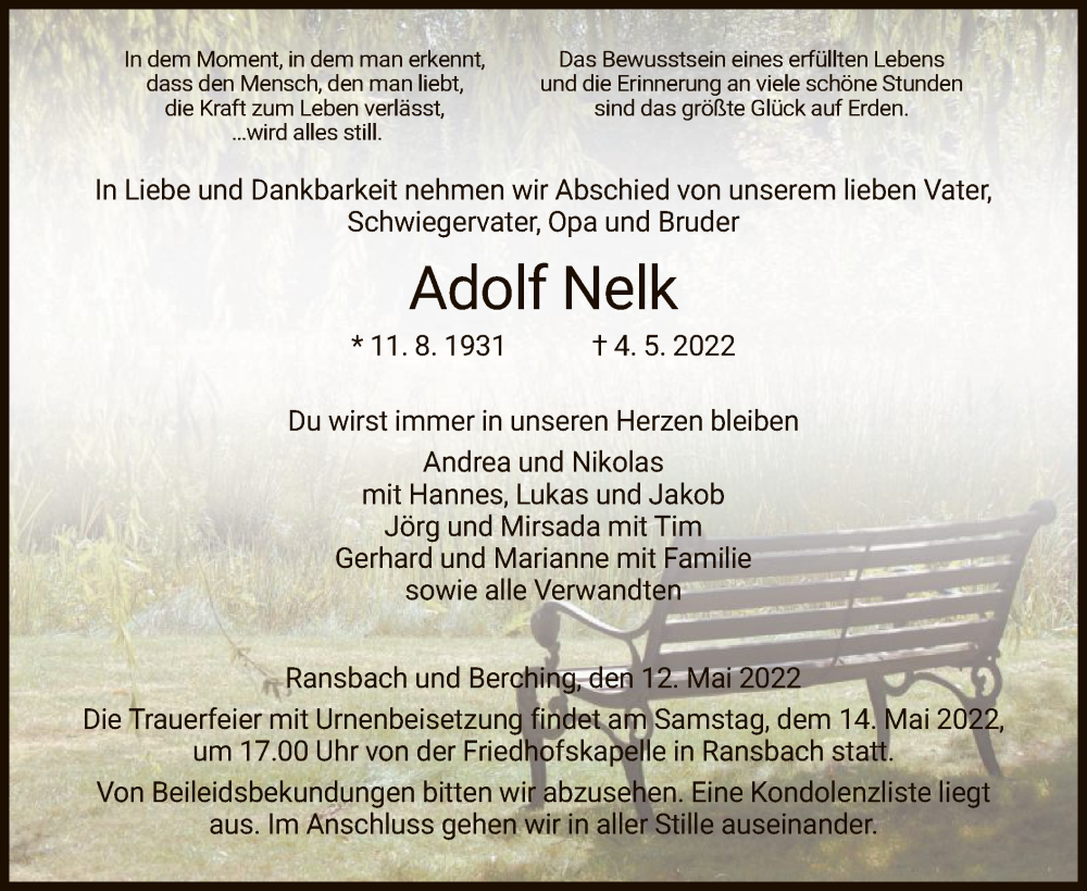  Traueranzeige für Adolf Nelk vom 12.05.2022 aus HZ