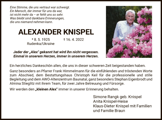 Traueranzeige von Alexander Knispel von HNA