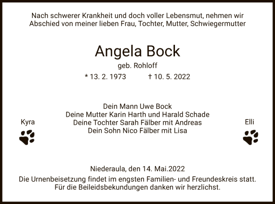 Traueranzeige von Angela Bock von HZ