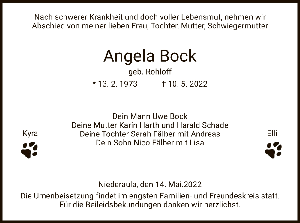  Traueranzeige für Angela Bock vom 14.05.2022 aus HZ