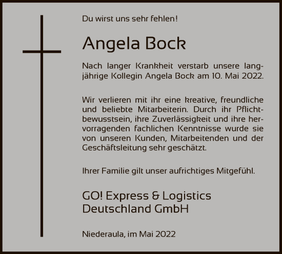 Traueranzeige von Angela Bock von HZ