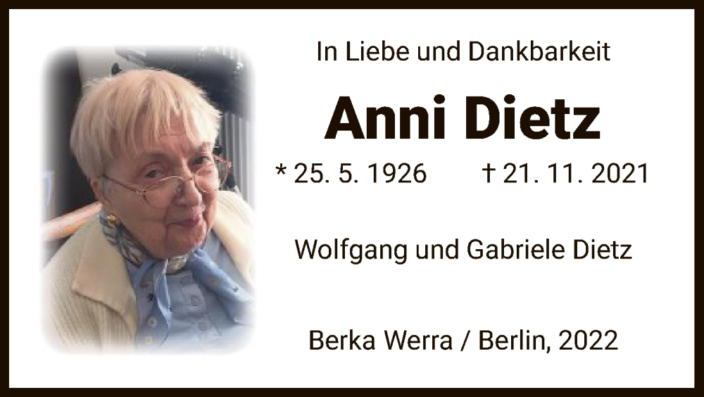  Traueranzeige für Anni Dietz vom 25.05.2022 aus HZ