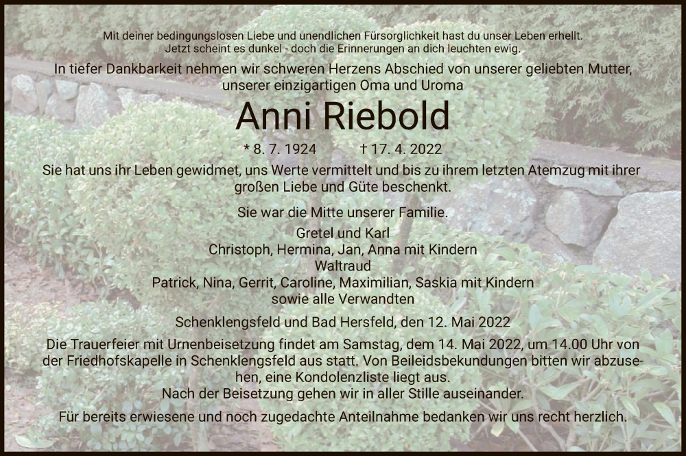  Traueranzeige für Anni Riebold vom 12.05.2022 aus HZ