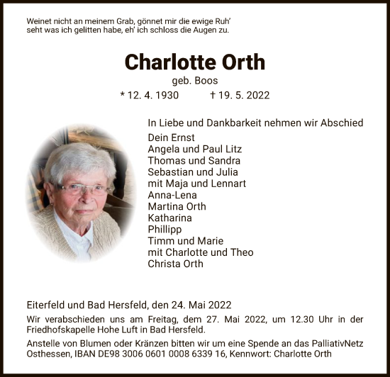 Traueranzeige von Charlotte Orth von HZ