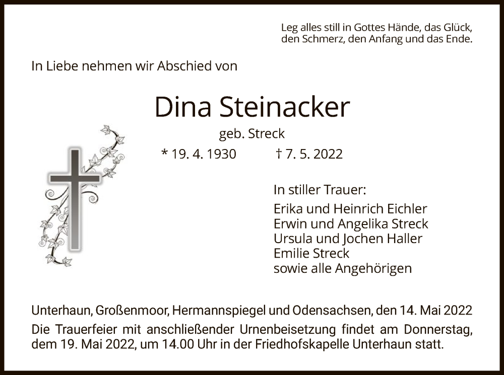  Traueranzeige für Dina Steinacker vom 14.05.2022 aus HZ