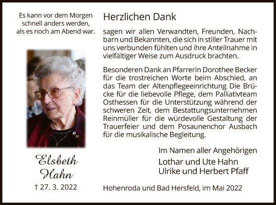 Traueranzeige von Elsbeth Hahn von HZ