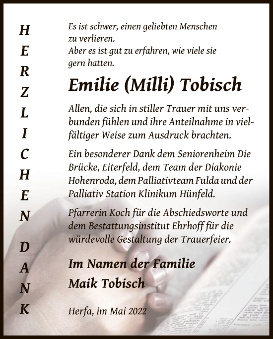 Traueranzeige von Emilie Tobisch von HZ