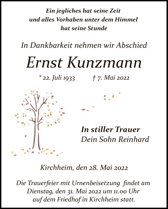 Traueranzeige von Ernst Kunzmann von HZ