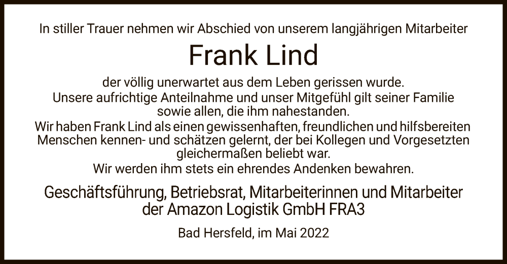  Traueranzeige für Frank Lind vom 28.05.2022 aus HZ