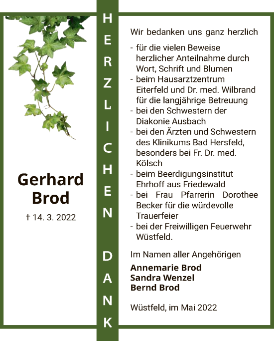 Traueranzeige von Gerhard Brod von HZ