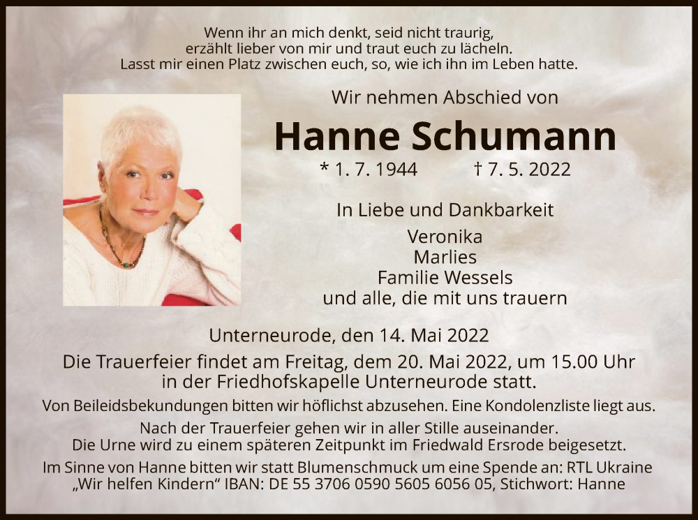  Traueranzeige für Hanne Schumann vom 14.05.2022 aus HZ