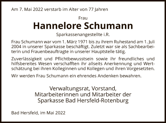Traueranzeige von Hannelore Schumann von HZ