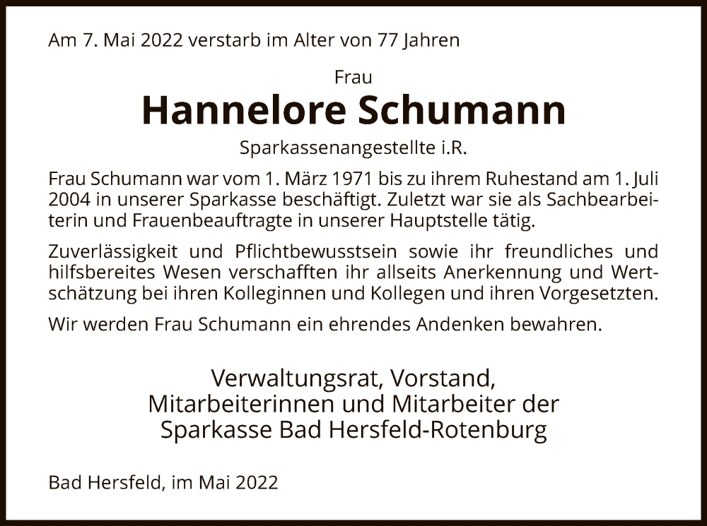  Traueranzeige für Hannelore Schumann vom 14.05.2022 aus HZ