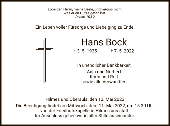 Traueranzeige von Hans Bock von HZ