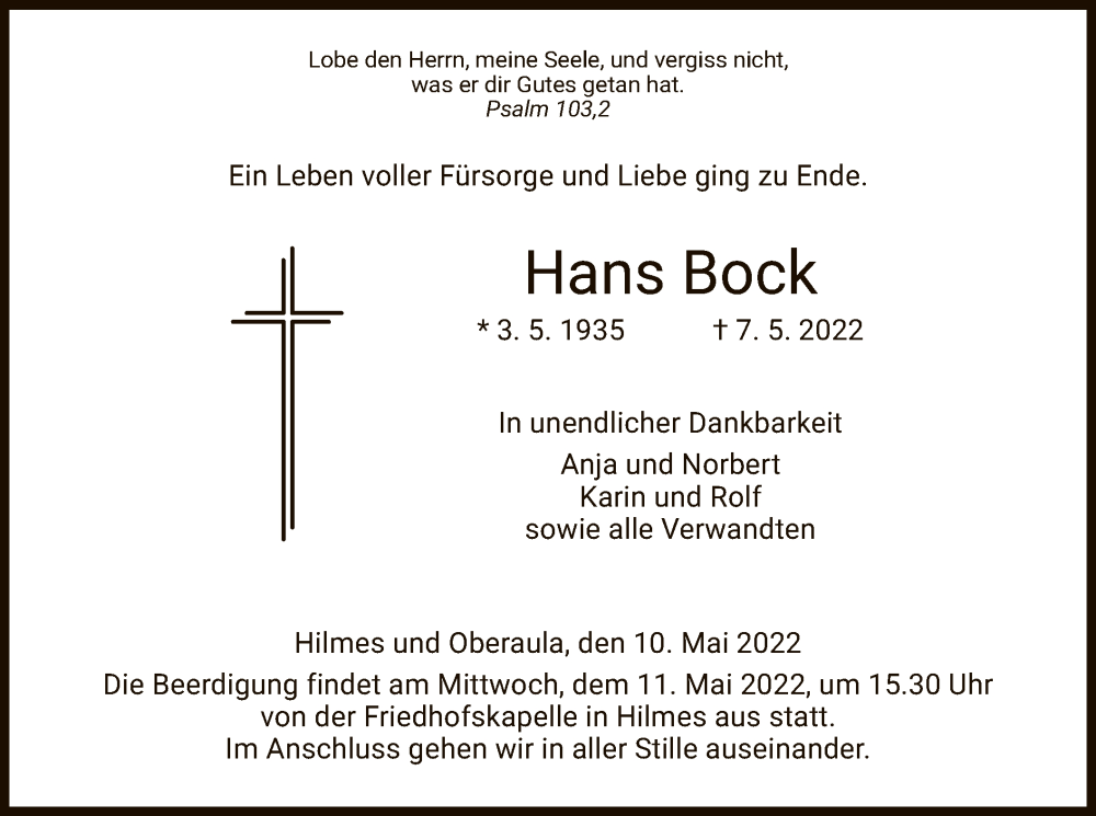  Traueranzeige für Hans Bock vom 10.05.2022 aus HZ