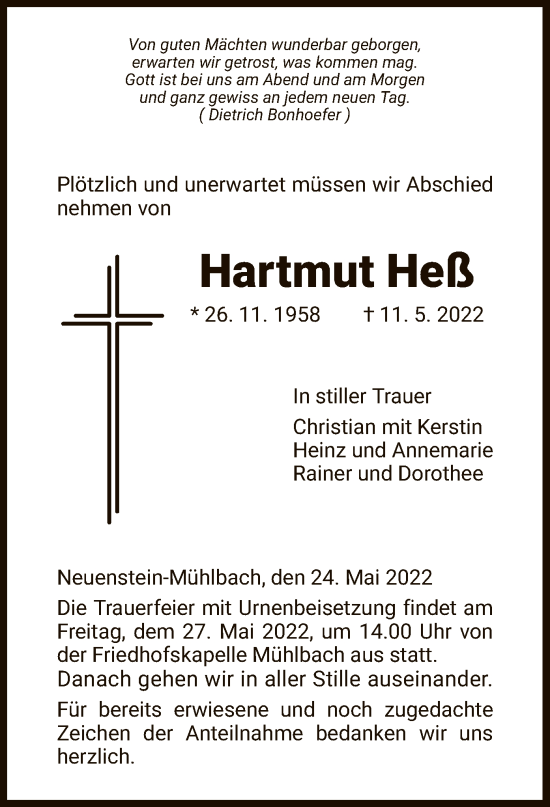 Traueranzeige von Hartmut Heß von HZ