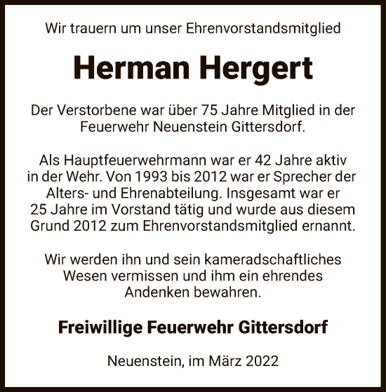 Traueranzeige von Herman Hergert von HZ