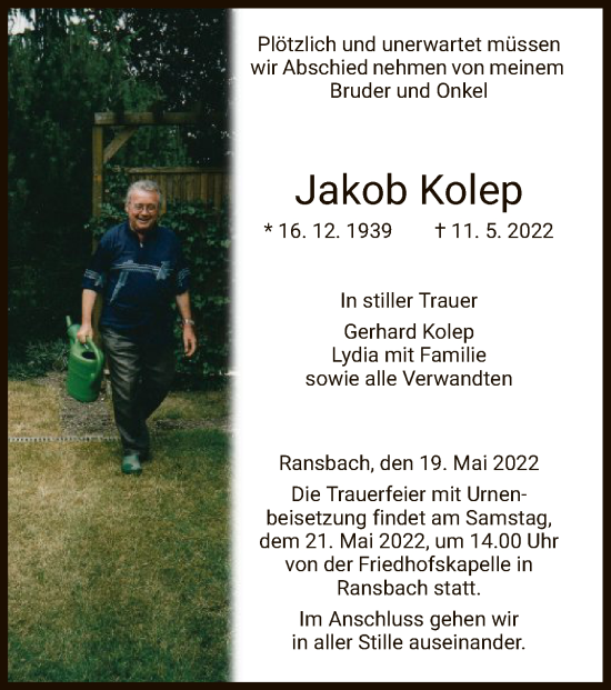 Traueranzeige von Jakob Kolep von HZ