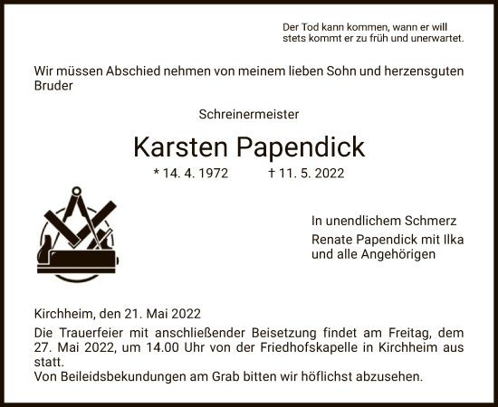 Traueranzeige von Karsten Papendick von HZ