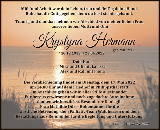 Traueranzeige von Krystyna Hermann von HZ