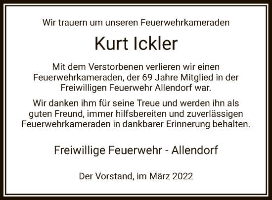 Traueranzeige von Kurt Ickler von HZ