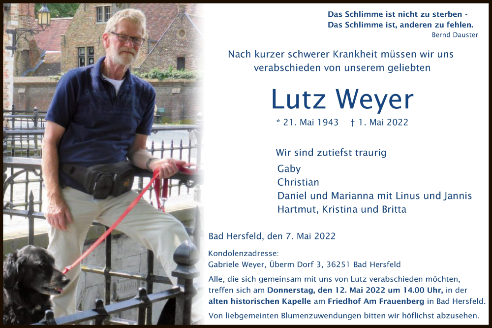 Traueranzeige für Lutz Weyer vom 07.05.2022 aus HZ