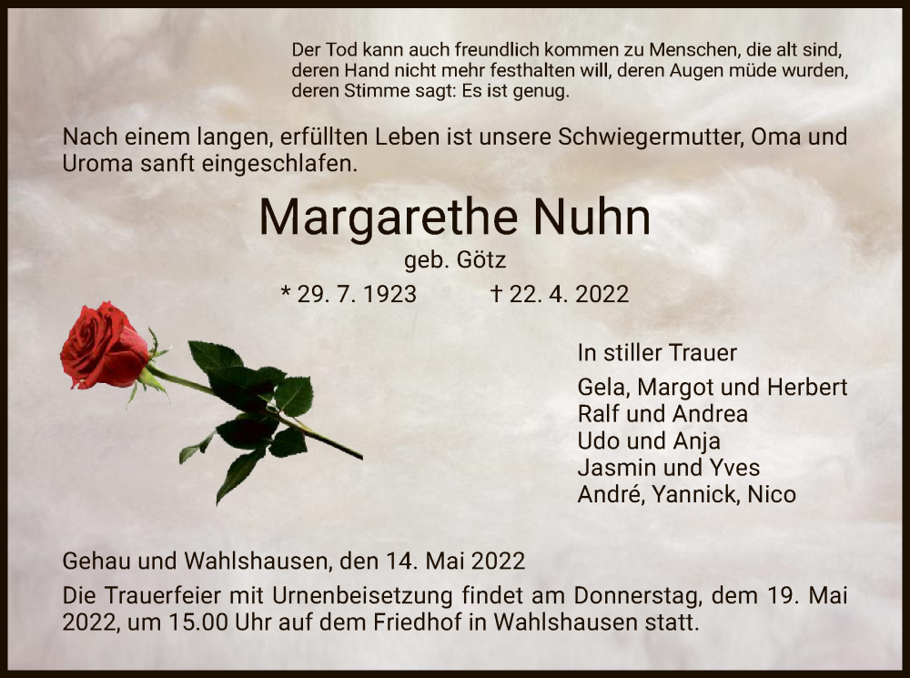  Traueranzeige für Margarethe Nuhn vom 14.05.2022 aus HZ