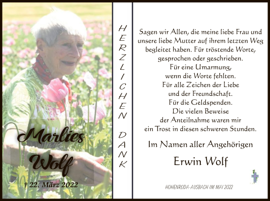 Traueranzeige von Marlies Wolf von HZ