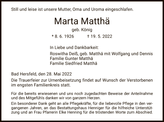 Traueranzeige von Marta Matthä von HZ