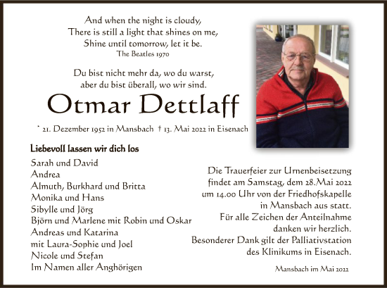 Traueranzeige von Otmar Dettlaff von HZ