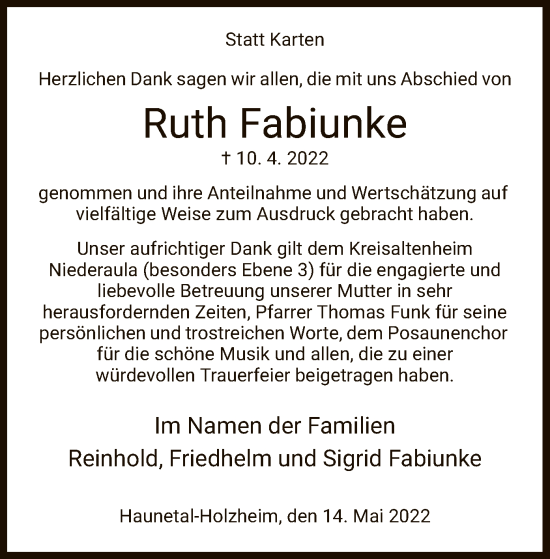 Traueranzeige von Ruth Fabiunke von HZ