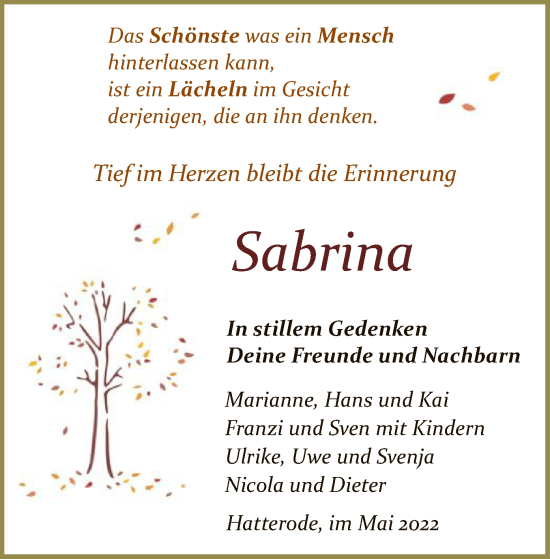 Traueranzeige von Sabrina Schaake von HZ