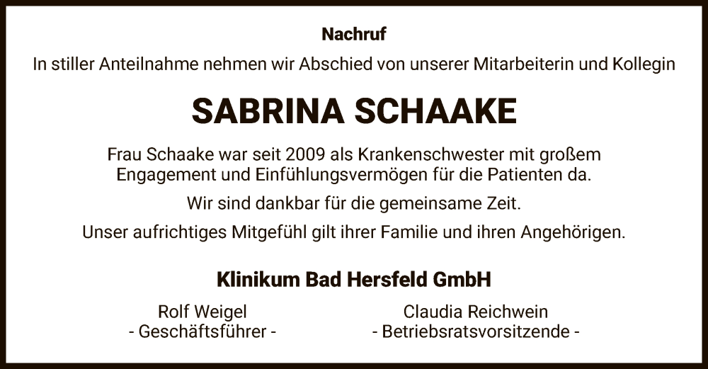  Traueranzeige für Sabrina Schaake vom 24.05.2022 aus HZ