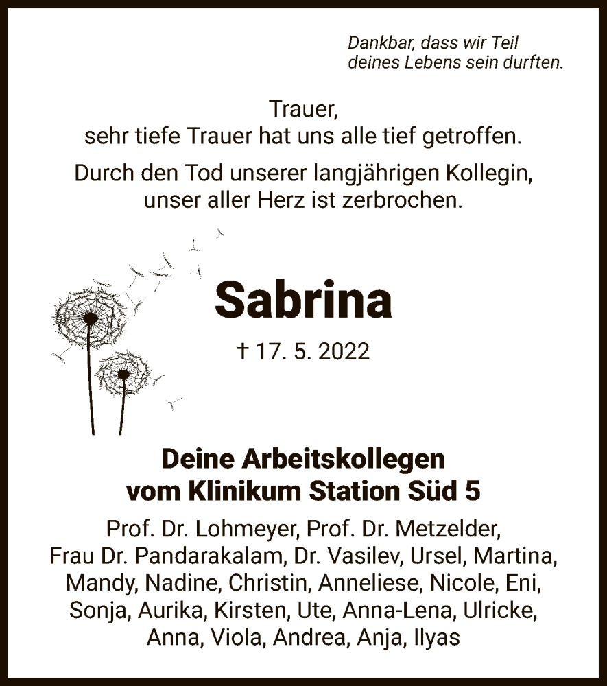  Traueranzeige für Sabrina Schaake vom 27.05.2022 aus HZ