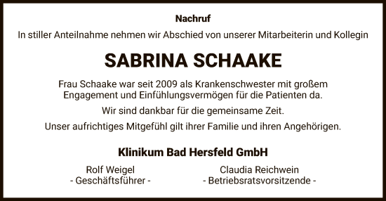 Traueranzeige von Sabrina Schaake von HZ