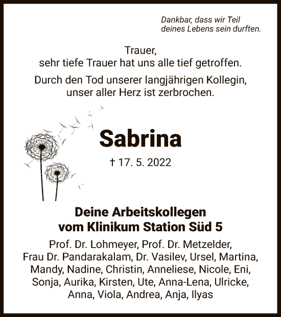 Traueranzeige von Sabrina Schaake von HZ